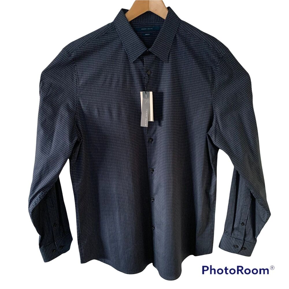 Perry Ellis Mens L/S Blue Line Print Shirt Cotton Stretch Sz Small $79